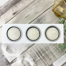 Load image into Gallery viewer, &#39;Feathers Appear&#39; white wooden triple tea light holder