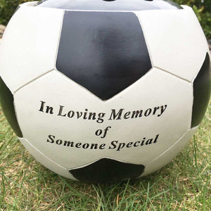Graveside / Memorial Vase. Football Shaped. 'In Loving Memory of Someone Special'. Close up of text.