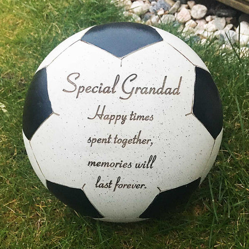 Graveside / Memorial Tribute. Football Shaped. 'Special Grandad, Happy Times'