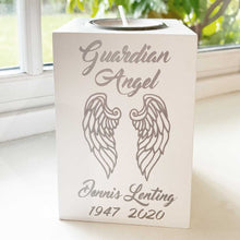 Load image into Gallery viewer, Personalised Memorial Tea Light Holder. White Wood. &#39;Guardian Angel&#39;. Silver.