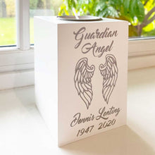 Load image into Gallery viewer, Personalised Memorial Tea Light Holder. White Wood. &#39;Guardian Angel&#39;.