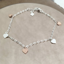 Load image into Gallery viewer, Bracelet. Sterling Silver &amp; Rose Gold. Heart Charms. Comes in Personalised Gift Box