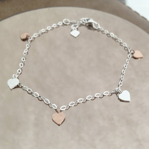 Bracelet. Sterling Silver & Rose Gold. Heart Charms. Comes in Personalised Gift Box
