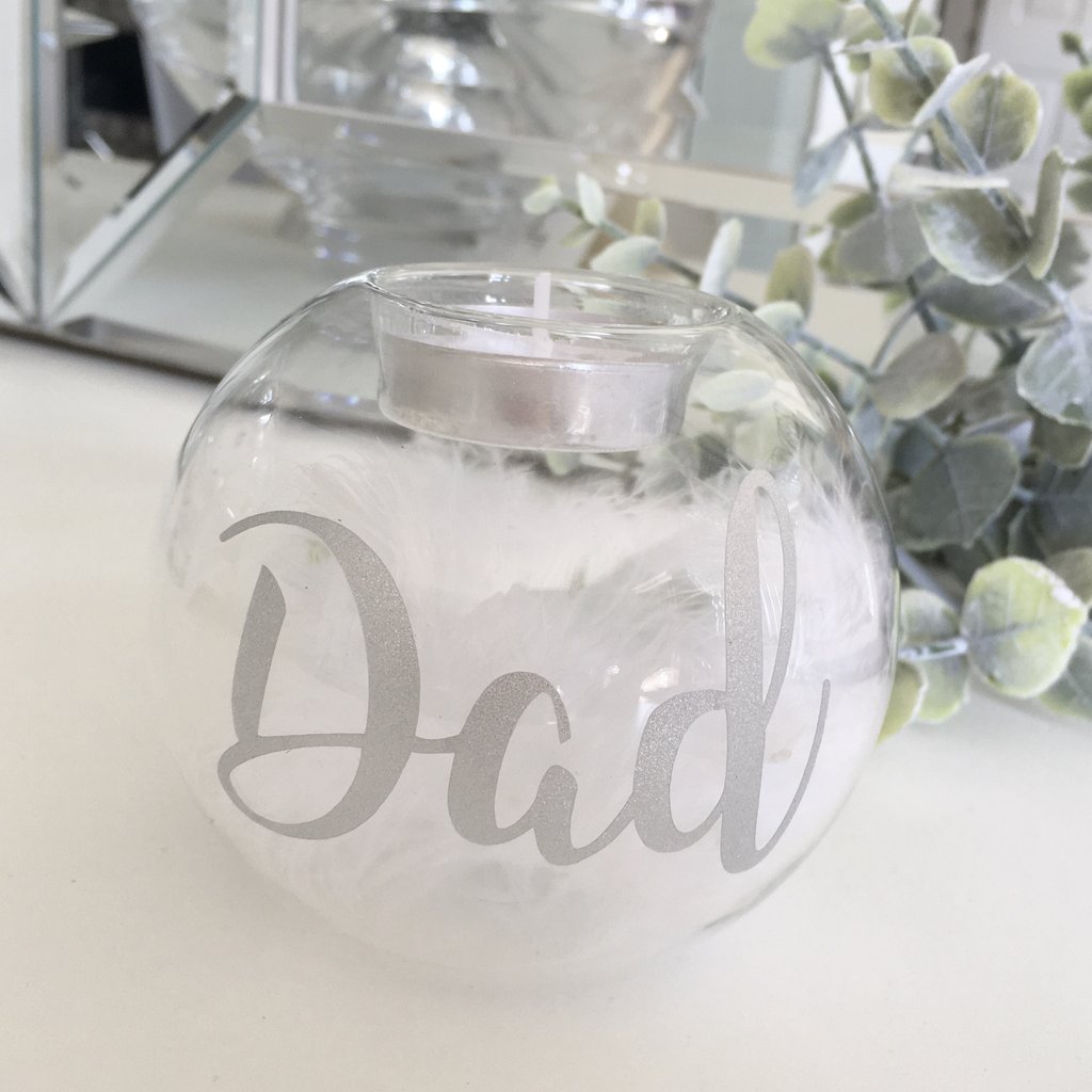 Personalised Memorial Tea Light Holder. Feather Filled Clear Glass Ball.