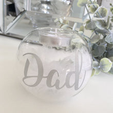 Load image into Gallery viewer, Personalised Memorial Tea Light Holder. Feather Filled Clear Glass Ball.