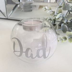Personalised Memorial Tea Light Holder. Feather Filled Clear Glass Ball.