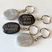 Load image into Gallery viewer, Memorial Keyring. Marble Pebble Engraved With Your Choice of Message.