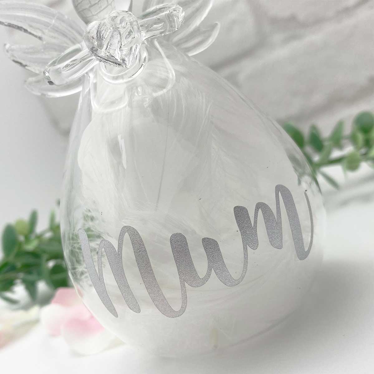 Personalised Memorial Angel. Clear Glass. Filled With White Feathers.