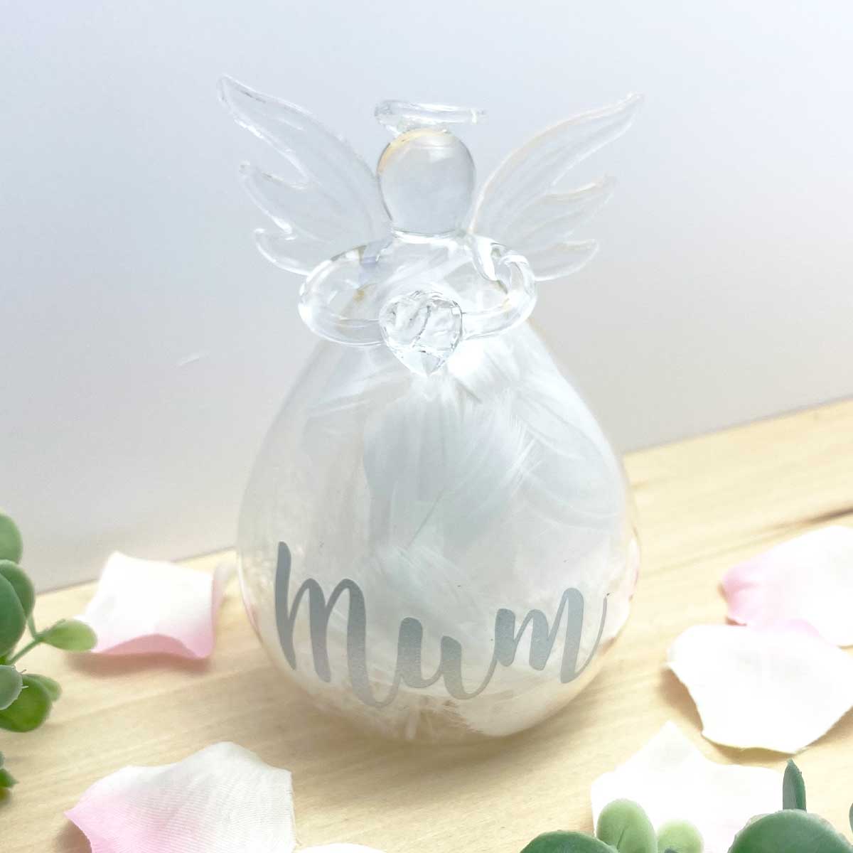 Personalised Memorial Angel. Clear Glass. Filled With White Feathers.