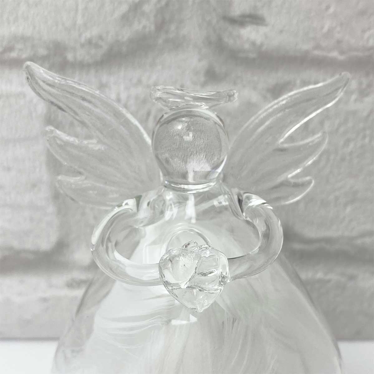 Personalised Memorial Angel. Clear Glass. Filled With White Feathers.