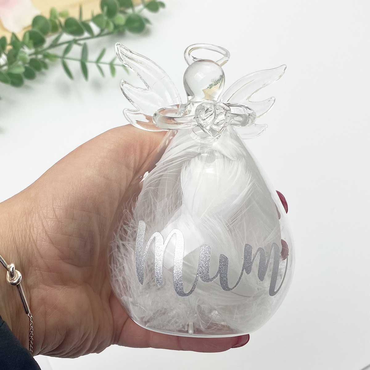 Personalised Memorial Angel. Clear Glass. Filled With White Feathers.