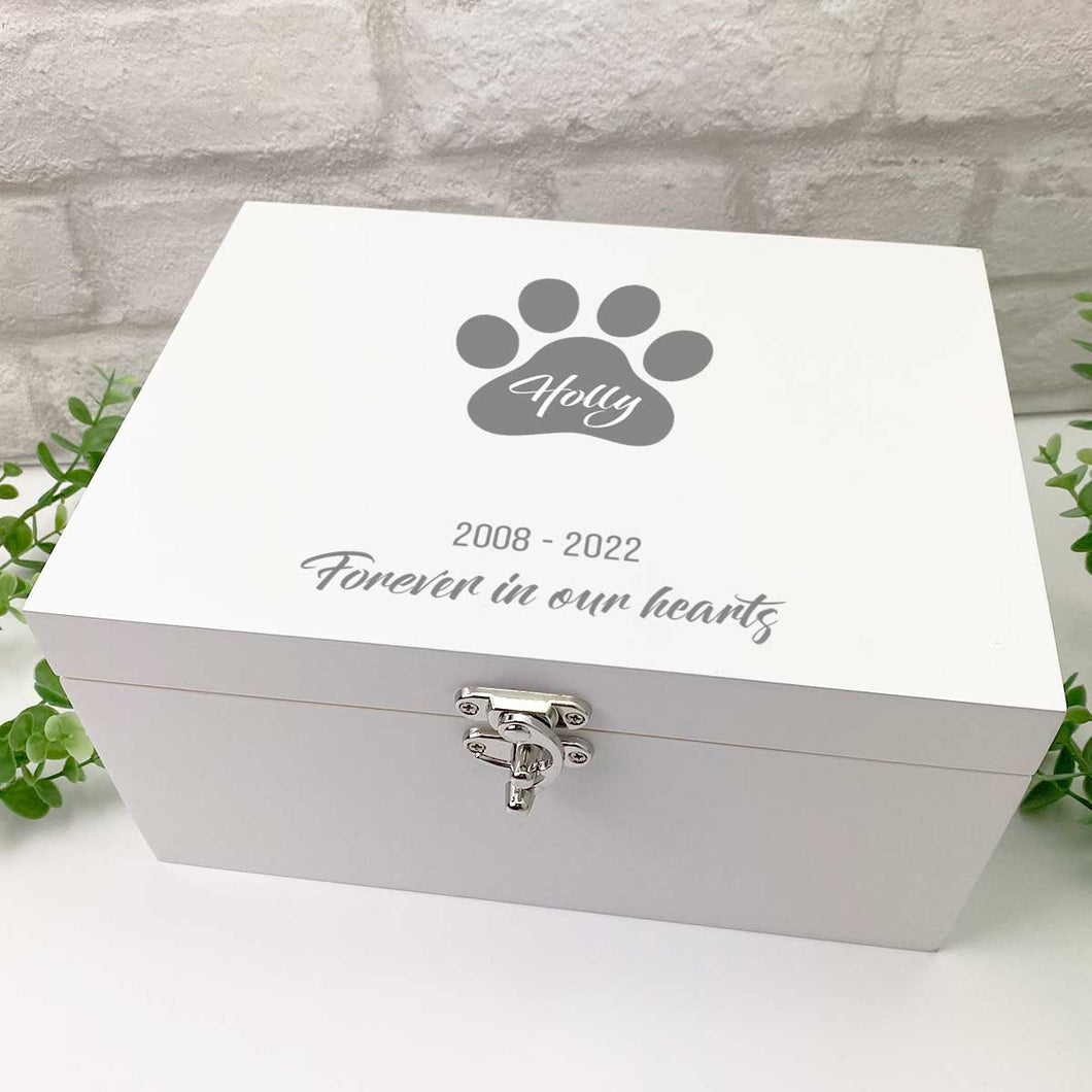 Personalised Pet Paw Print Name White Luxury Wooden Keepsake Box - 2 Sizes