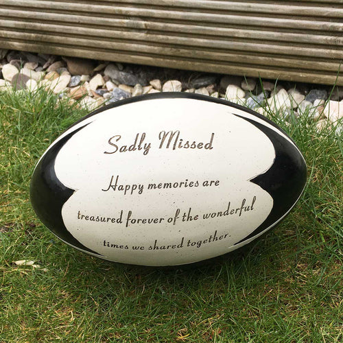 Graveside / Memorial Tribute. Rugby Ball Shaped. 'Sadly Missed, Wonderful Times'