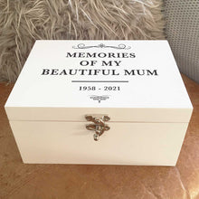 Load image into Gallery viewer, Personalised Memory &amp; Keepsake Box. Luxury Wood. White, Coloured Text. 2 Sizes.