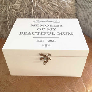 Personalised Memory & Keepsake Box. Luxury Wood. White, Coloured Text. 2 Sizes.