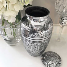 Load image into Gallery viewer, Adult Cremation Urn, Silver Metal With Incised Botanical Pattern