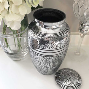Adult Cremation Urn, Silver Metal With Incised Botanical Pattern