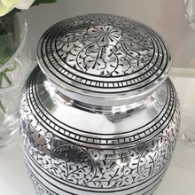 Load image into Gallery viewer, Adult Cremation Urn, Silver Metal With Incised Botanical Pattern