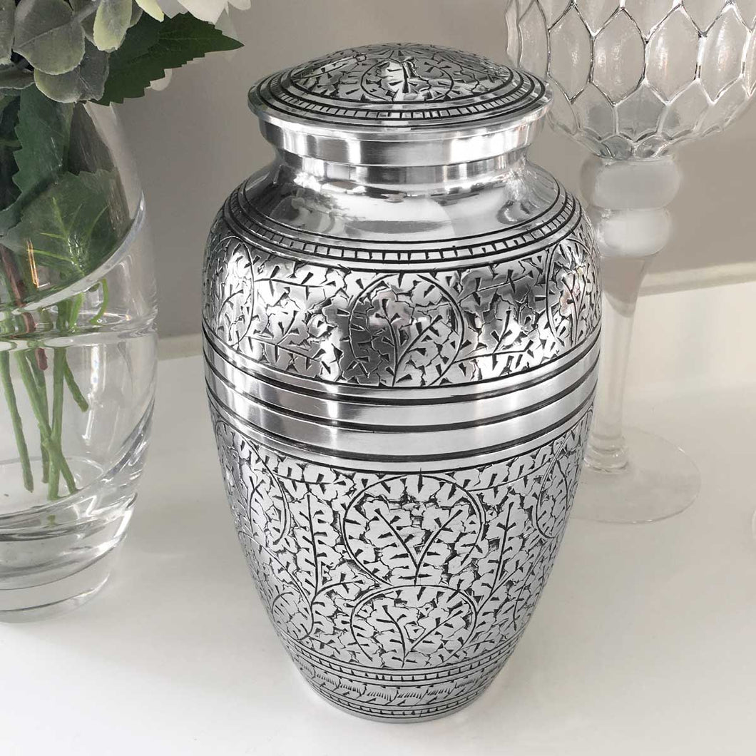 Adult Cremation Urn, Silver Metal With Incised Botanical Pattern