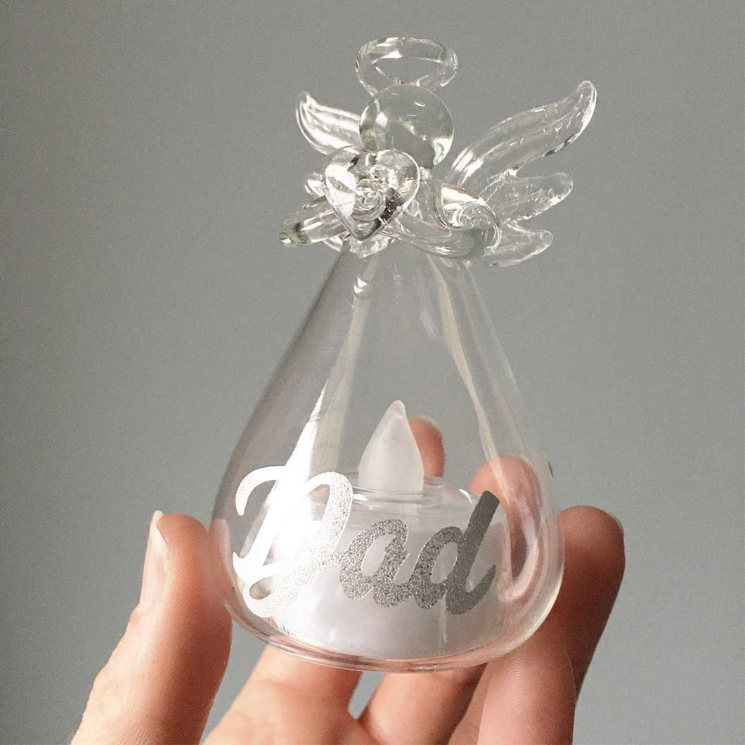 Personalised Memorial Angel with Clear Glass LED Candle Illumination