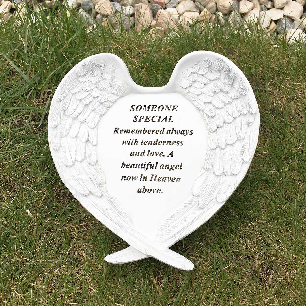 Outdoor Memorial Ornament. White Angel Wings Enfold 'Someone Special'.