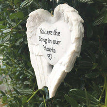 Load image into Gallery viewer, Outdoor Memorial Wind Chimes. White Angel Wings. &#39;You are the Song in our Hearts&#39;.