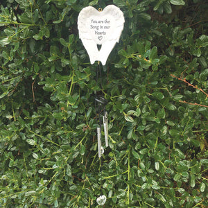 Outdoor Memorial Wind Chimes. White Angel Wings. 'You are the Song in our Hearts'.