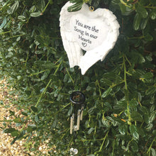 Load image into Gallery viewer, Outdoor Memorial Wind Chimes. White Angel Wings. &#39;You are the Song in our Hearts&#39;.