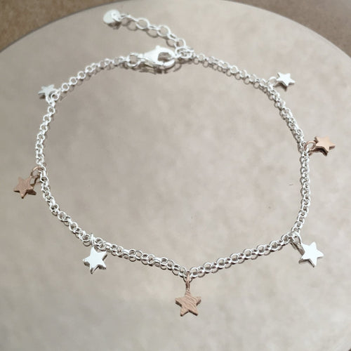 Bracelet. Sterling Silver & Rose Gold. Star Charms. Comes in a Personalised Gift Box