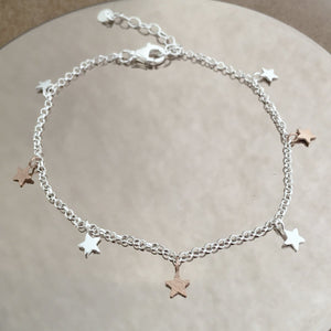 Bracelet. Sterling Silver & Rose Gold. Star Charms. Comes in a Personalised Gift Box