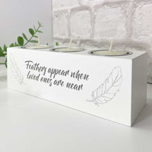 Load image into Gallery viewer, &#39;Feathers Appear&#39; white wooden triple tea light holder