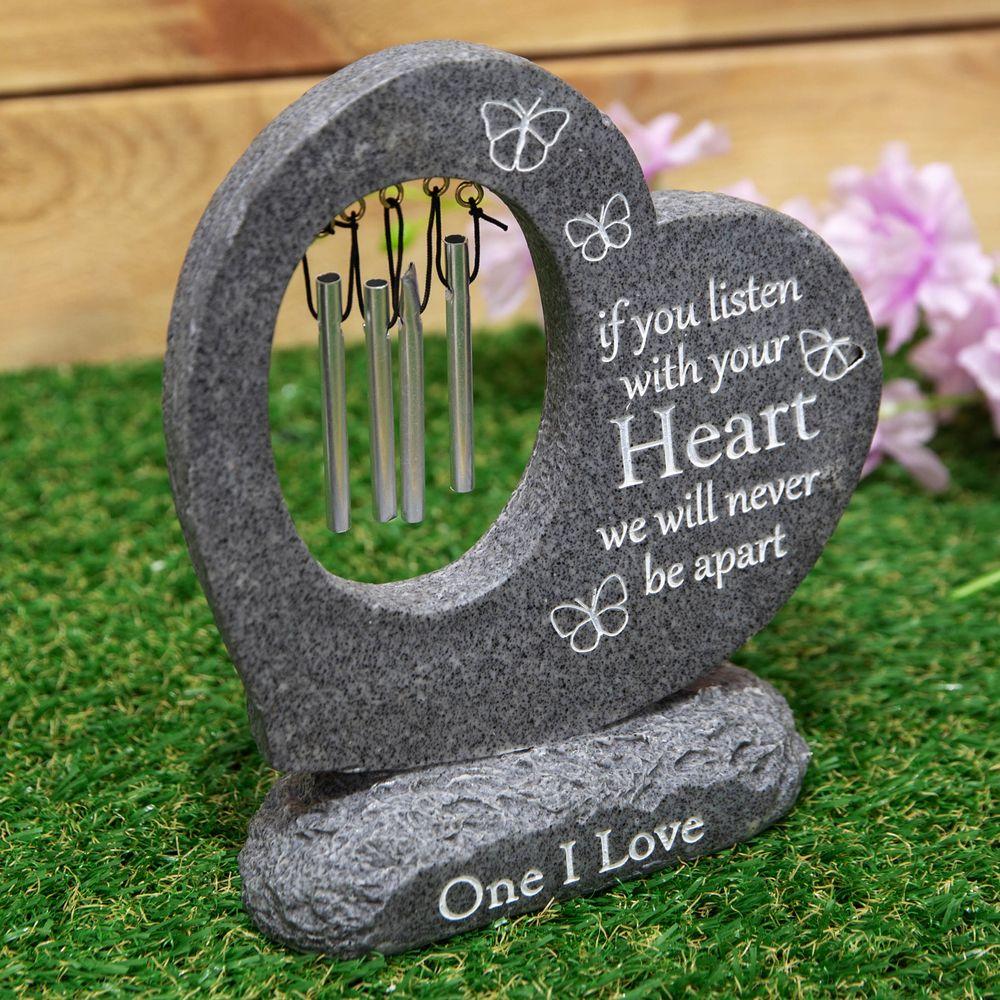 Outdoor Memorial Wind Chimes. Grey Stone Heart. 'Listen with your Heart'.
