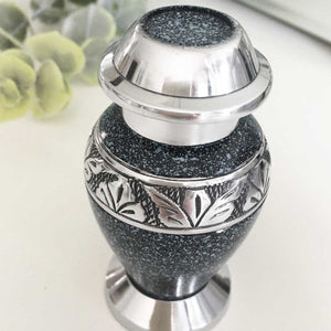 Token Cremation Urn, Black With Silver Flecks, Silver Botanical Trim