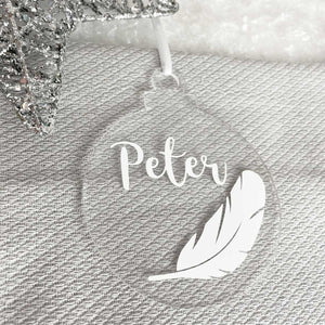 Personalised Remembrance Christmas Tree Decoration. Clear Acrylic with White Feather.