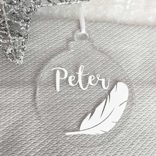 Personalised Remembrance Christmas Tree Decoration. Clear Acrylic with White Feather.