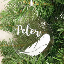 Load image into Gallery viewer, Personalised Remembrance Christmas Tree Decoration. Clear Acrylic with White Feather.