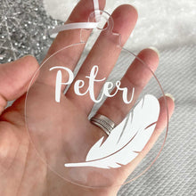 Load image into Gallery viewer, Personalised Remembrance Christmas Tree Decoration. Clear Acrylic with White Feather.
