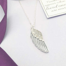 Load image into Gallery viewer, Memorial Necklace. Silver Plated. Angel Wing Pendant. With Condolence Card.
