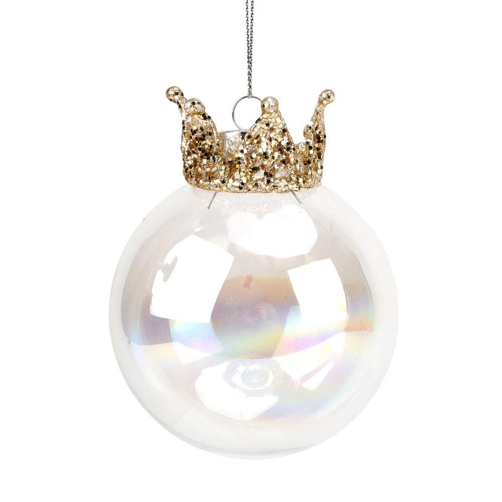 Silver Glass Iridescent bauble with Crown